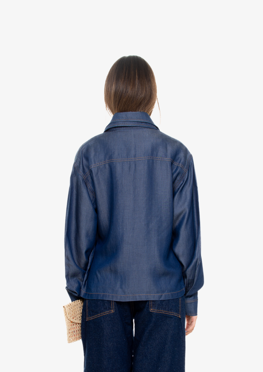 Dark-Wash Long-Sleeve Double Neck Tencel Shirt