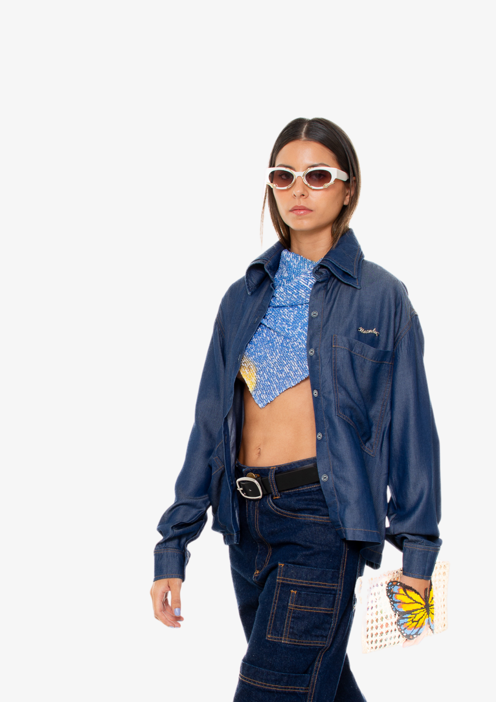 Dark-Wash Long-Sleeve Double Neck Tencel Shirt