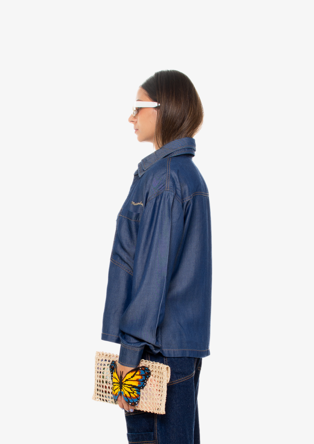 Dark-Wash Long-Sleeve Double Neck Tencel Shirt