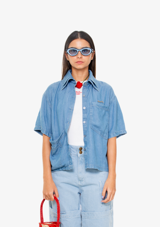 Light-Wash Short-Sleeve Double Neck Tencel Shirt