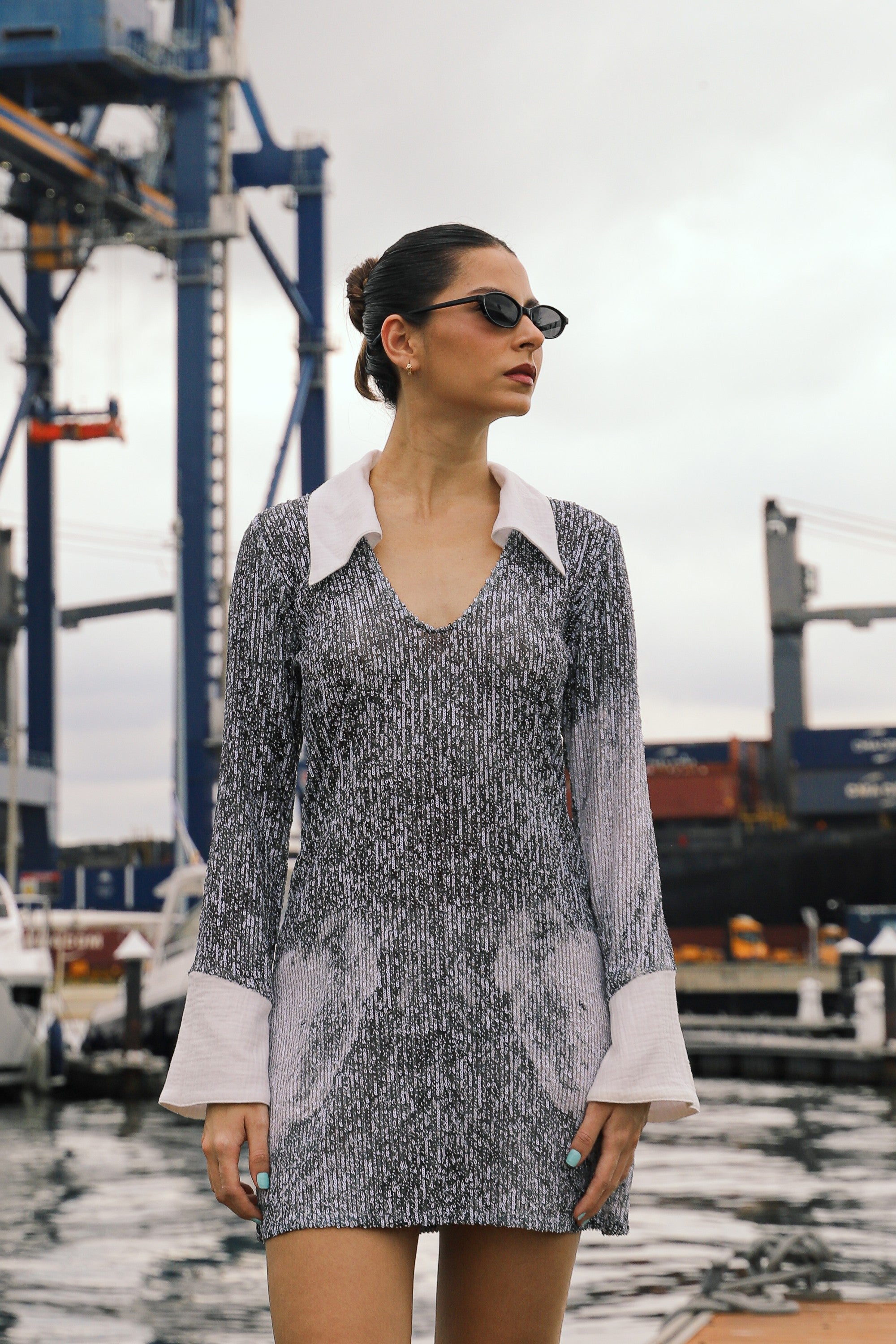 Sequins Long Sleeve Dress - Everybody's Town (B&W)