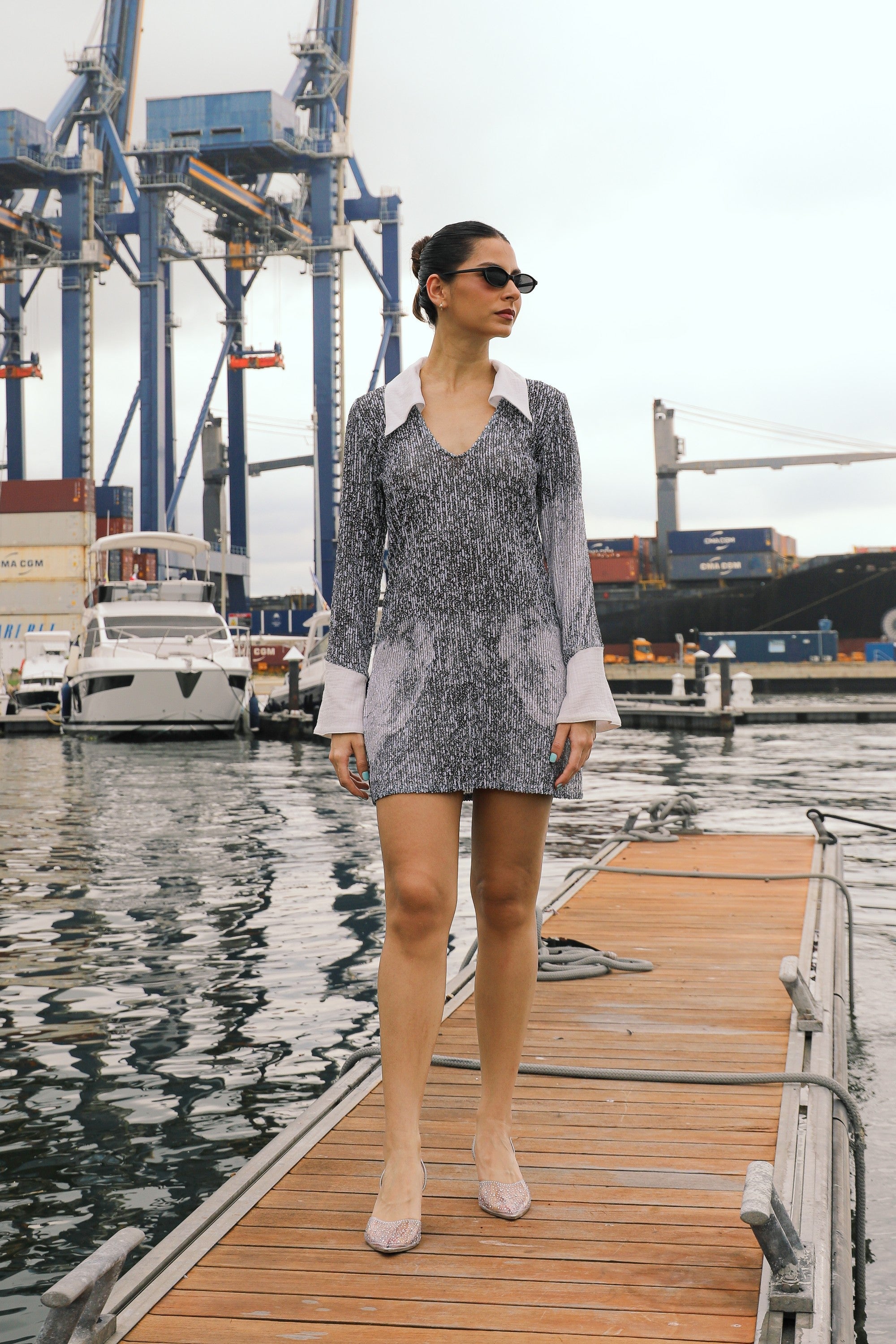 Sequins Long Sleeve Dress - Everybody's Town (B&W)