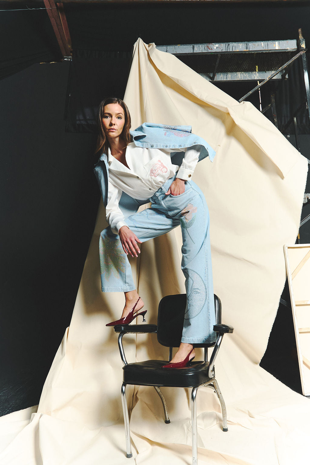 "Universal Things" Crystal Embellished Light Denim Pants