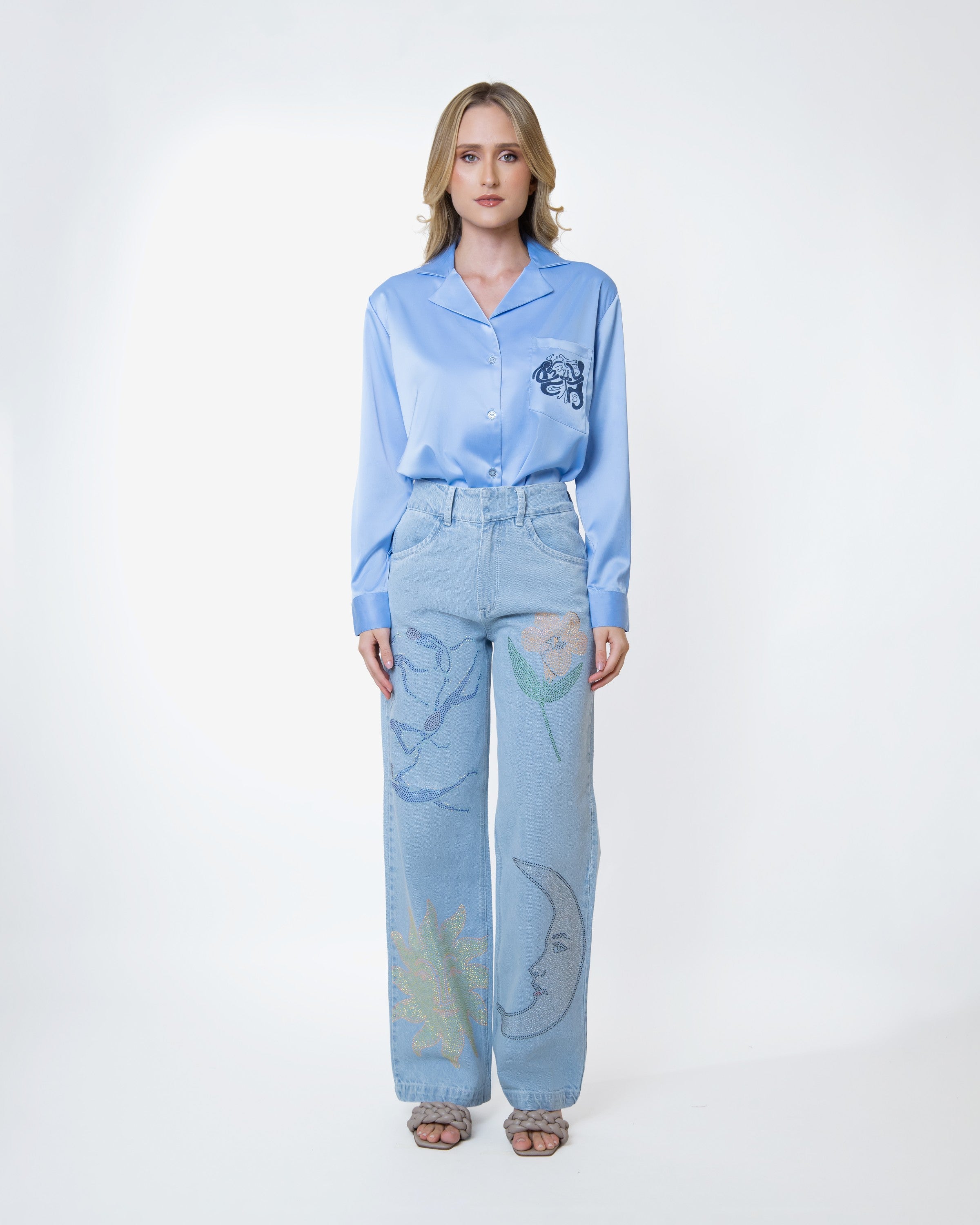 "Universal Things" Crystal Embellished Light Denim Pants