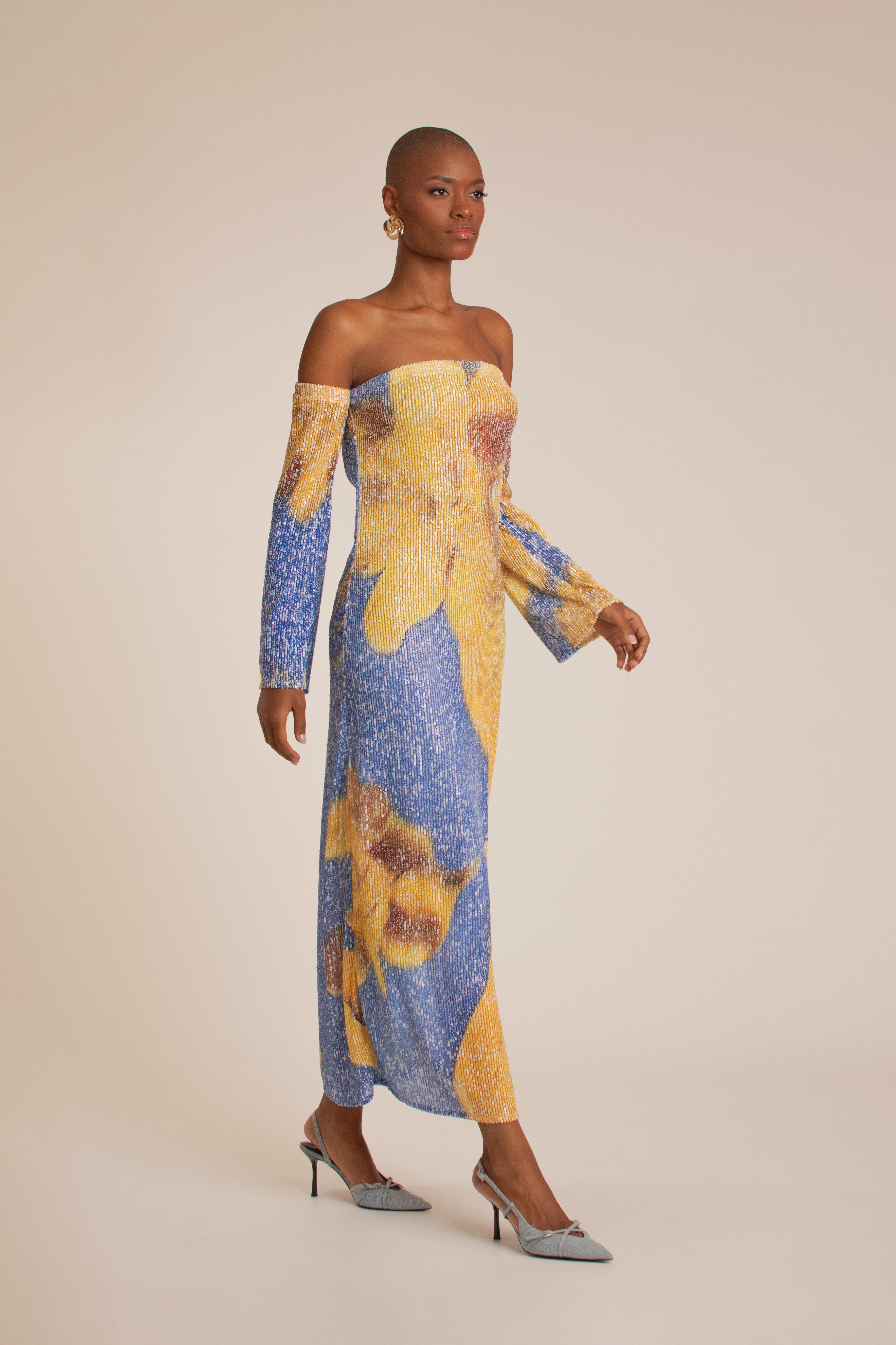 “Yellow Flowers” Sequins Long Dress