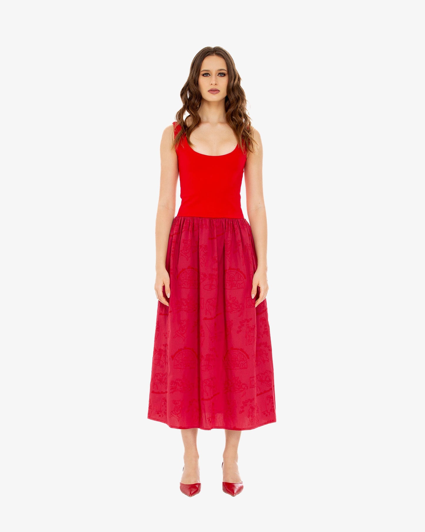 Embroidered Midi Dress in Red