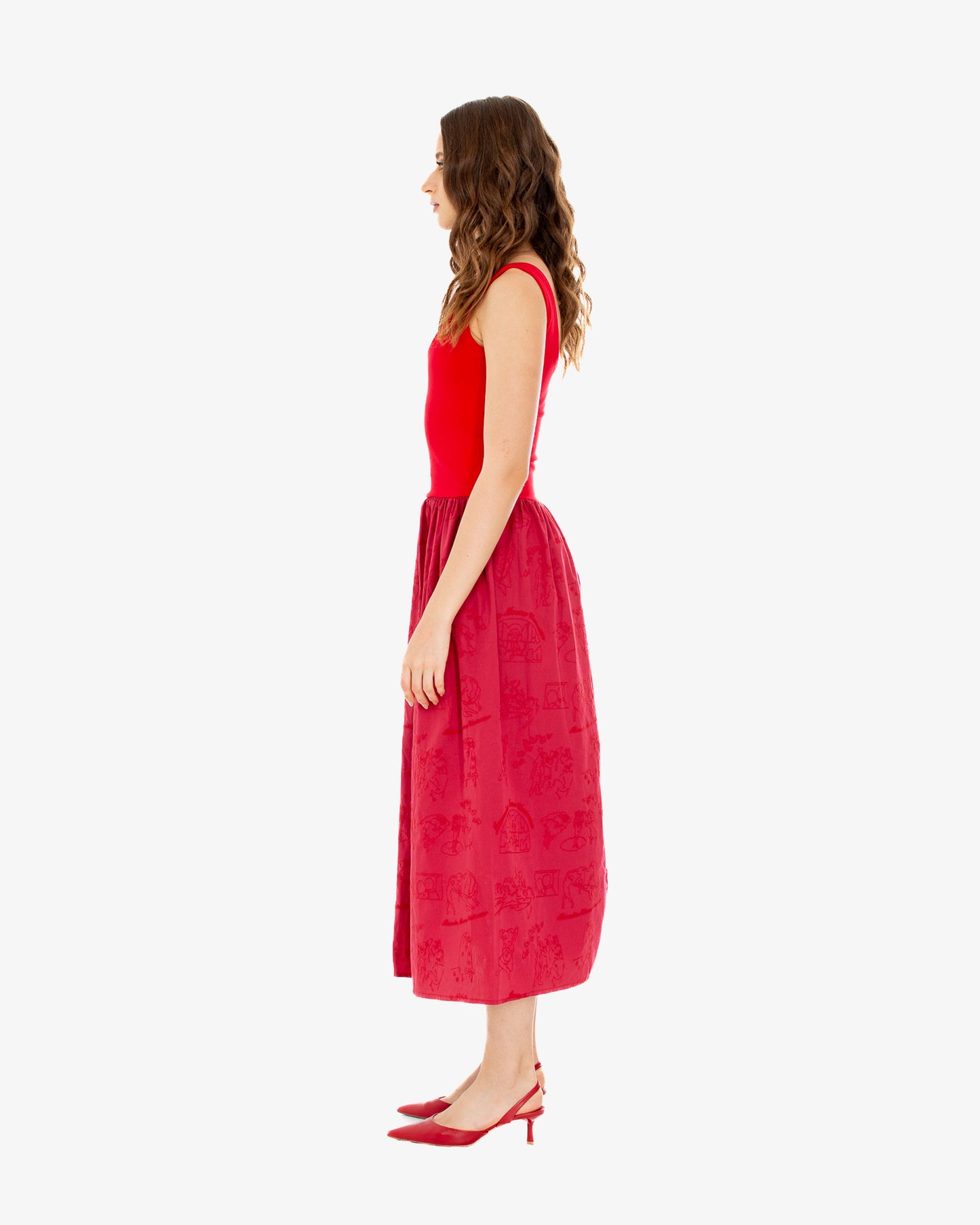 Embroidered Midi Dress in Red