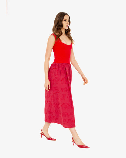 Embroidered Midi Dress in Red