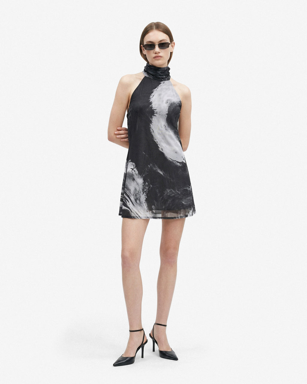 Halter Mesh Mini Dress - Black